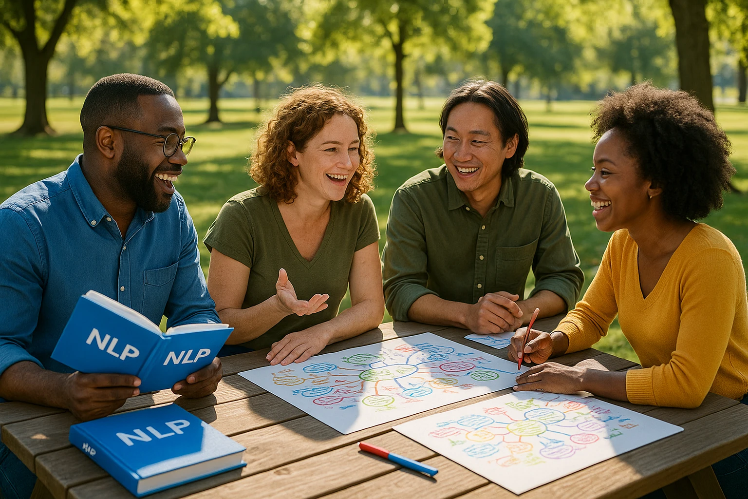 Eine bunt gemischte Gruppe von Menschen nahm an einem lebhaften Workshop im Freien teil; NLP-Schulungsunterlagen und farbenfrohe Mindmaps lagen auf den Picknicktischen in einem sonnendurchfluteten Park verstreut.
