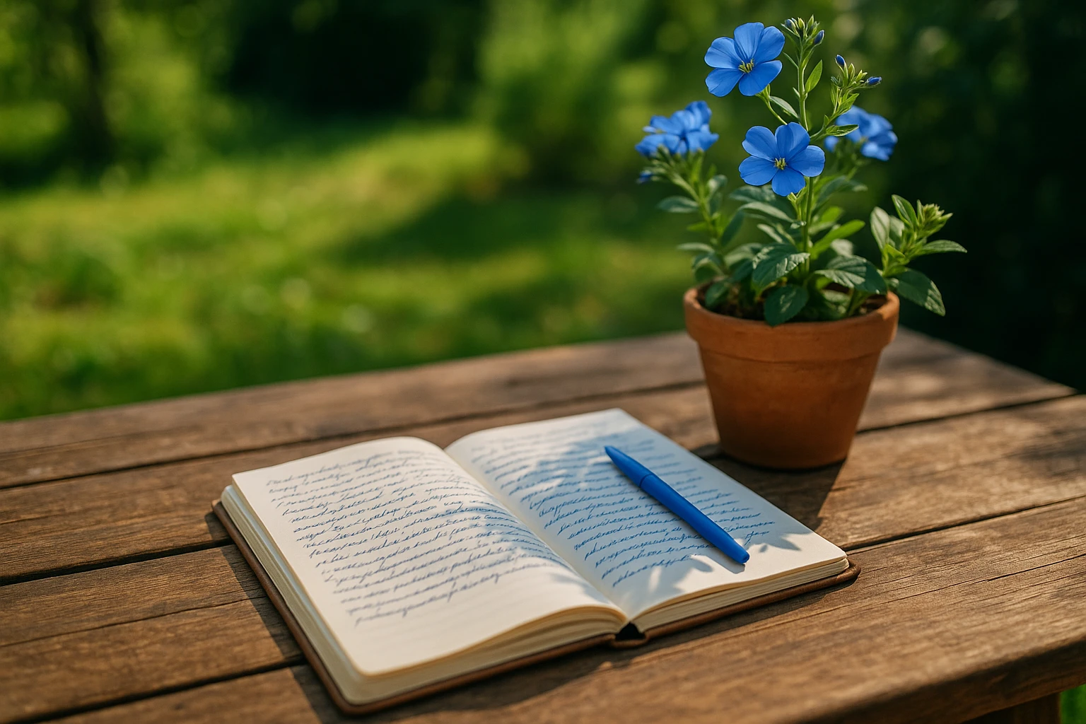 Ein rustikales Tagebuch, das auf einem Holztisch aufgeschlagen liegt, mit handschriftlichen Notizen zu NLP-Techniken neben einer blühenden Topfpflanze, die Wachstum und kontinuierliches Lernen in einer sonnendurchfluteten Gartenkulisse symbolisiert.